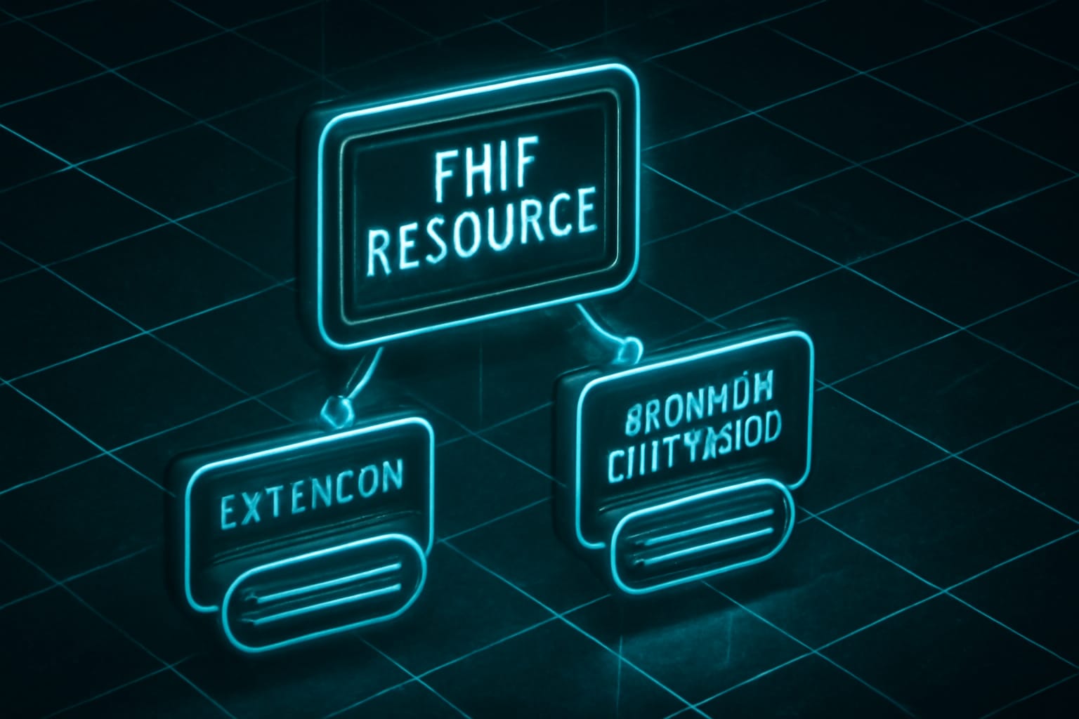 Editorial illustration in cyberpunk-neon style depicting a cyberpunk-neon FHIR resource with regular and modifier extensions tagged by canonical URL
