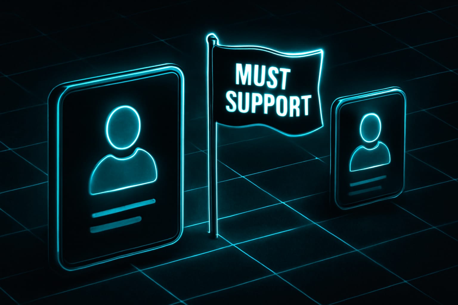 Editorial illustration in cyberpunk-neon style depicting a cyberpunk-neon Must-Support flag routing to a sender (populate) and receiver (must handle)