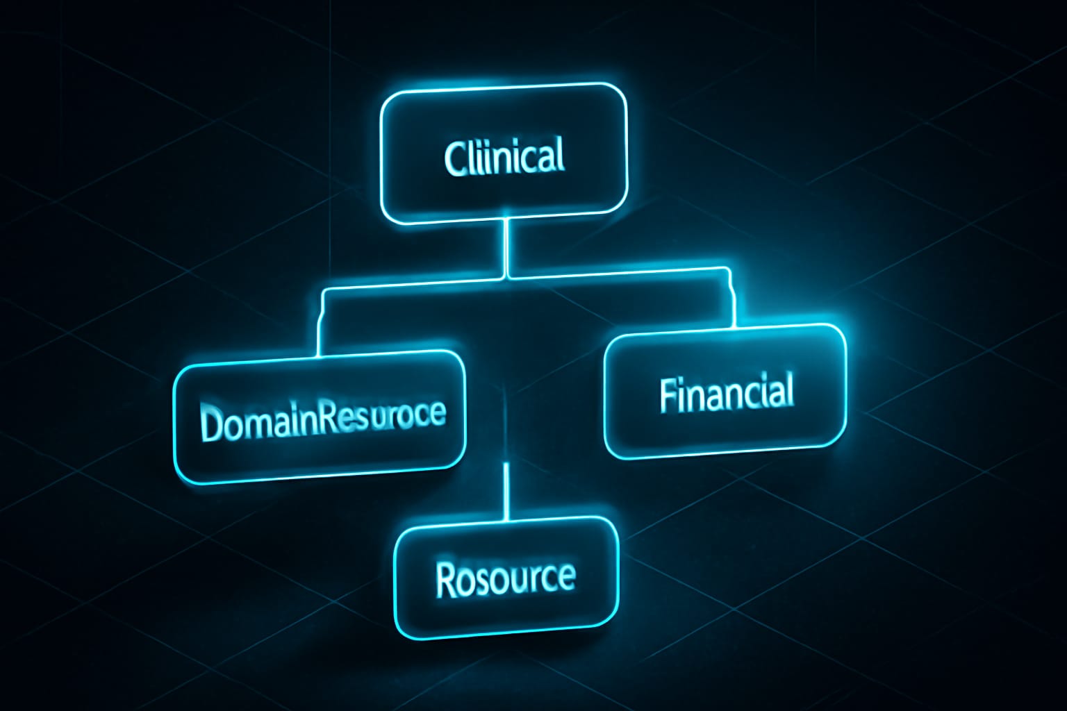 Editorial illustration in cyberpunk-neon style depicting a cyberpunk-neon FHIR R4 inheritance tree fanning from Resource and DomainResource into module-scoped resources