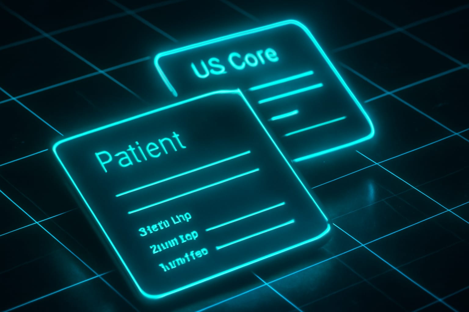 Editorial illustration in cyberpunk-neon style depicting a cyberpunk-neon base Patient resource with US Core profile applied and sliced identifiers