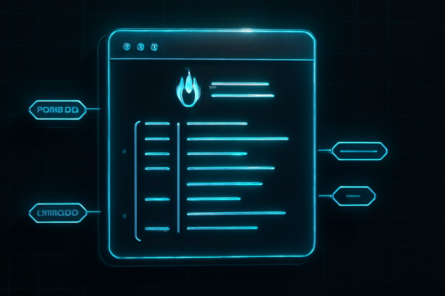 Editorial illustration in cyberpunk-neon style depicting a cyberpunk-neon FHIR resource definition rendered as a class layout with identity, domain, extension, and reference sections