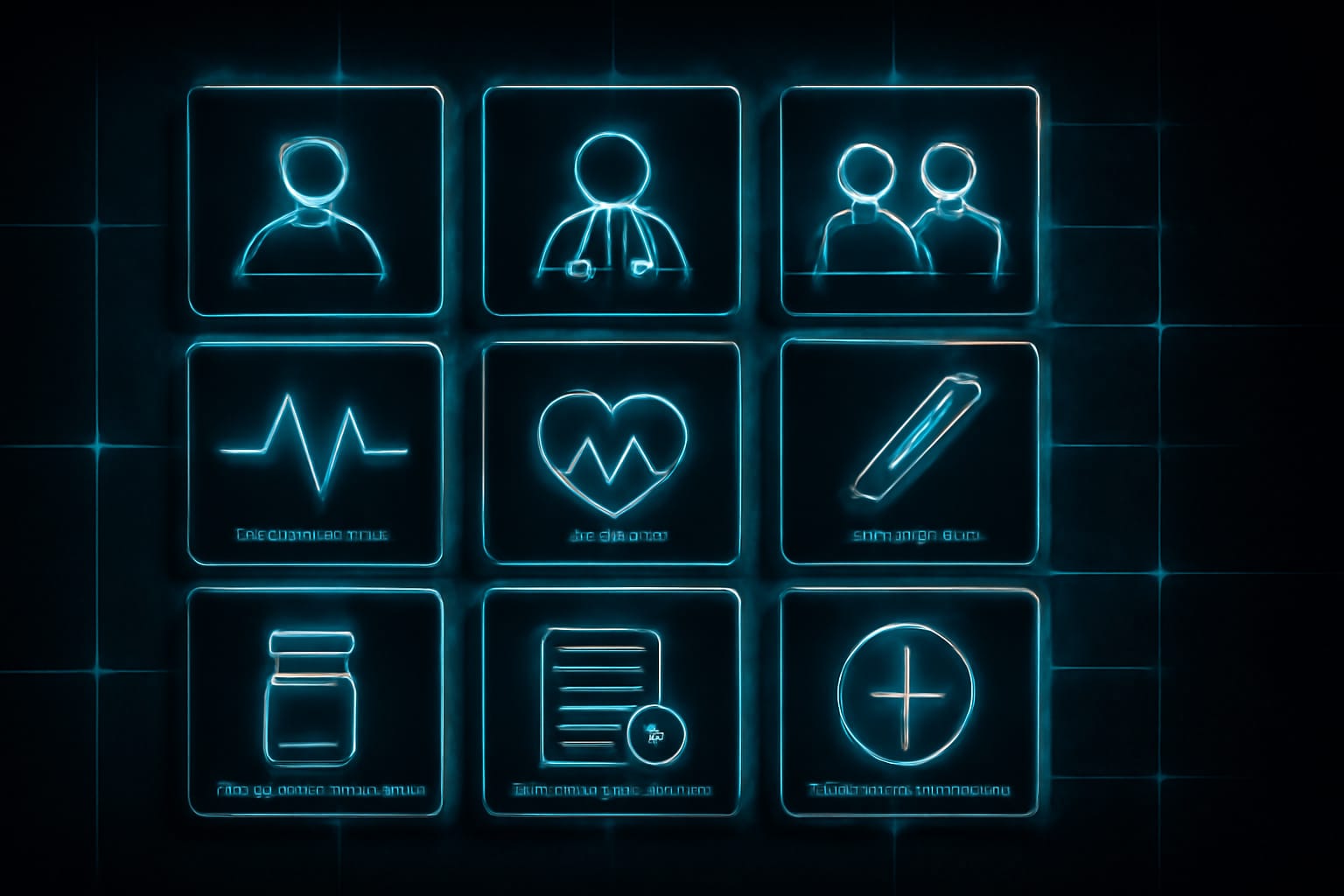 Editorial illustration in cyberpunk-neon style depicting a cyberpunk-neon ten-tile grid of the most common R4 resource types with cyan neon strokes